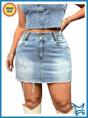 Plus Size Distressed Denim Mini Jean Skirt High Rise Frayed Hem Y2K